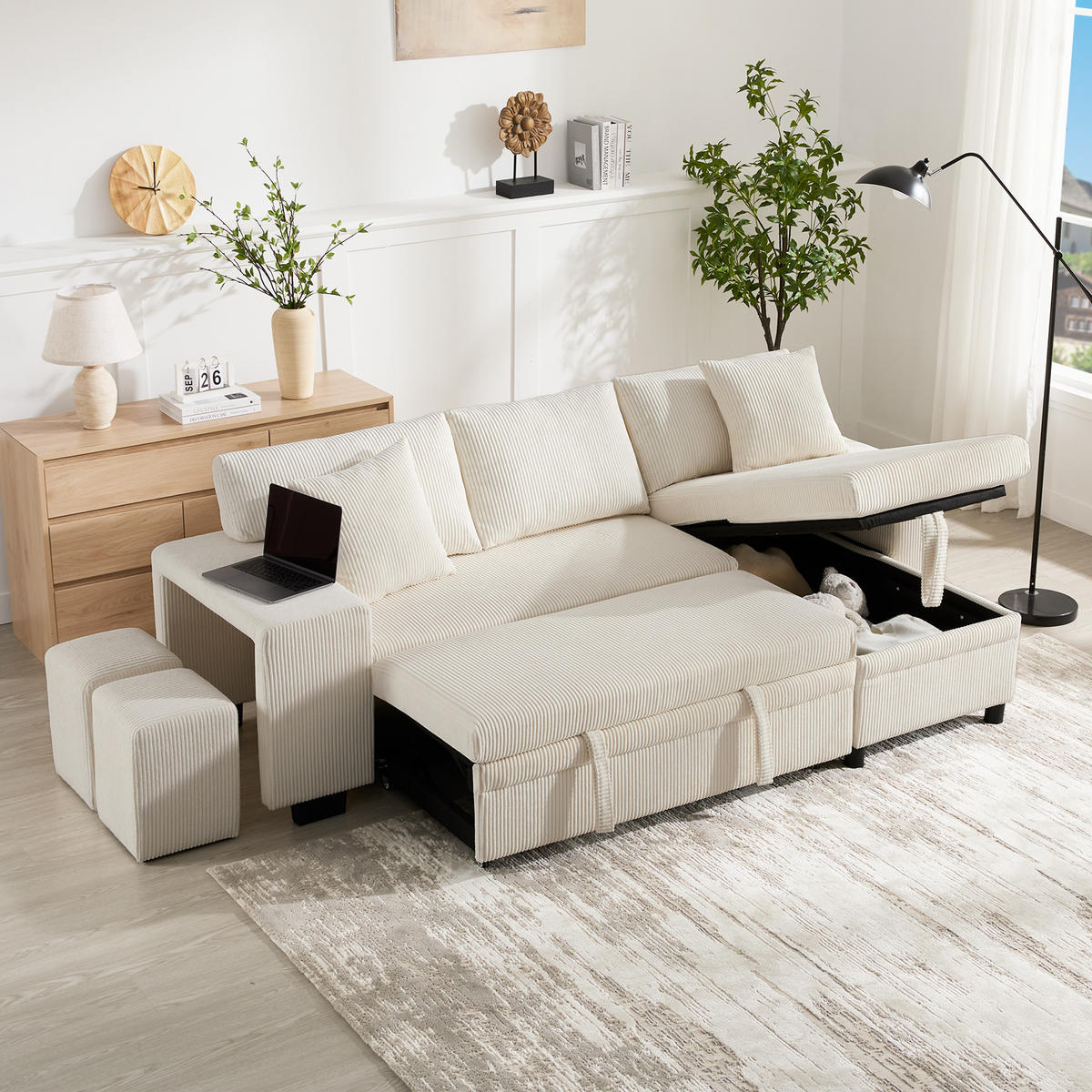 SOFA L-Form Klappsofa Schlaffunktion USB Stauraum Umbau Sofa 3-Sitzer - Beige, Holz (73/53.98cm) - FLIEKS