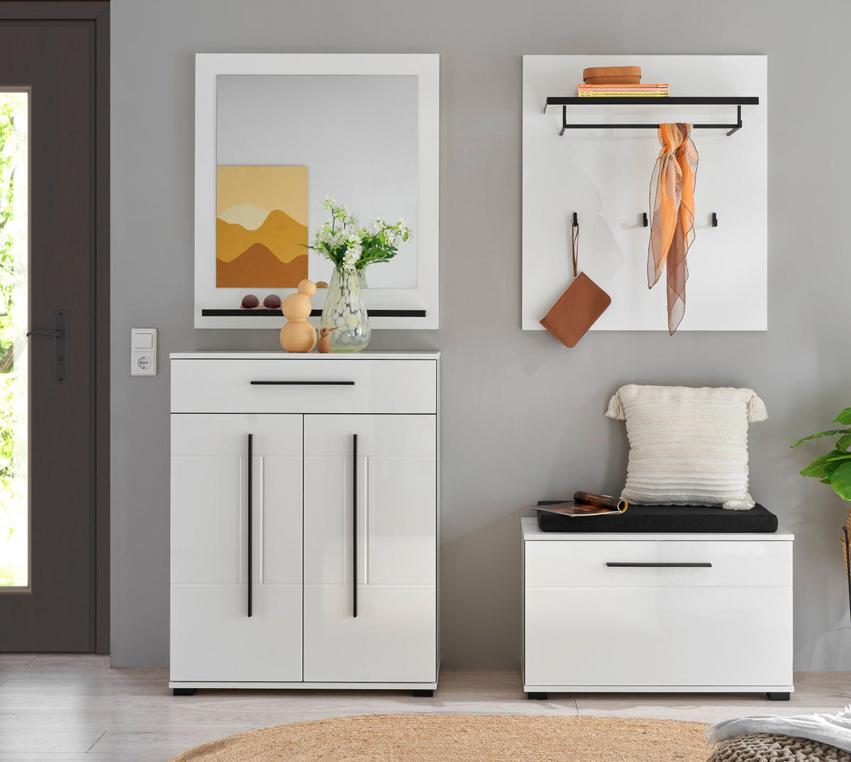 SCHUHSCHRANK weiß Hochglanz 80 x 103 cm, Kommode mit Soft-Close - Weiß Hochglanz/Schwarz, Holzwerkstoff/Kunststoff (80/103/39cm) - Furn.Design