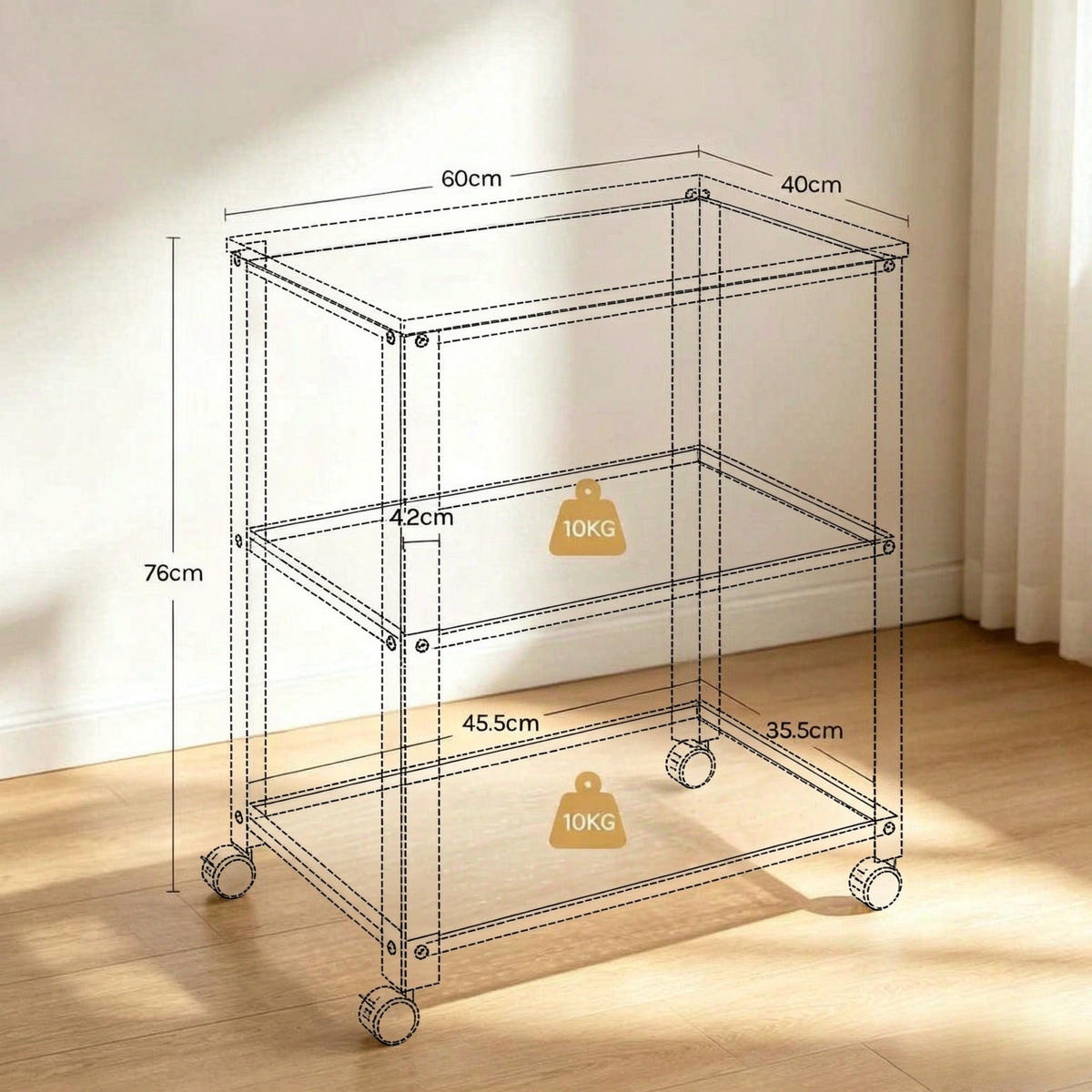 SERVIERWAGEN DE-41507 60/40/76 cm, 3 Etagen und Rollen Weiß - Weiß, Metall (60/76/40cm) - ComfortXL