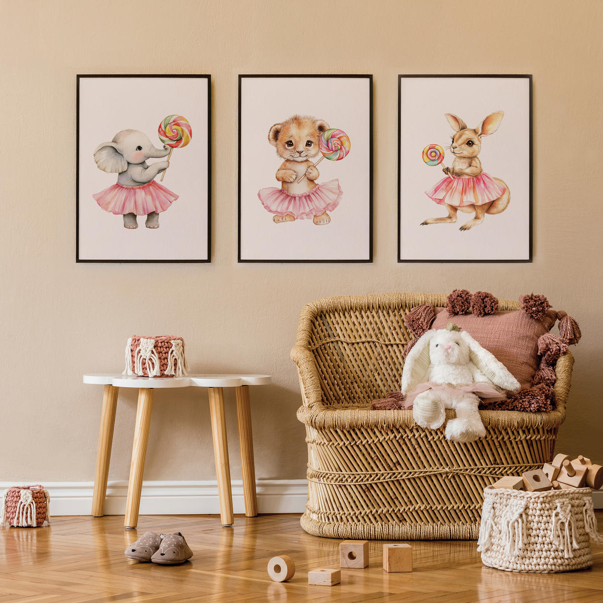 POSTER SET ohne Rahmen für Kinder TIERE mit Lutschern 3x Poster A3 30x42cm - Gelb/Beige, Papier (30/42/1cm) - Muralo