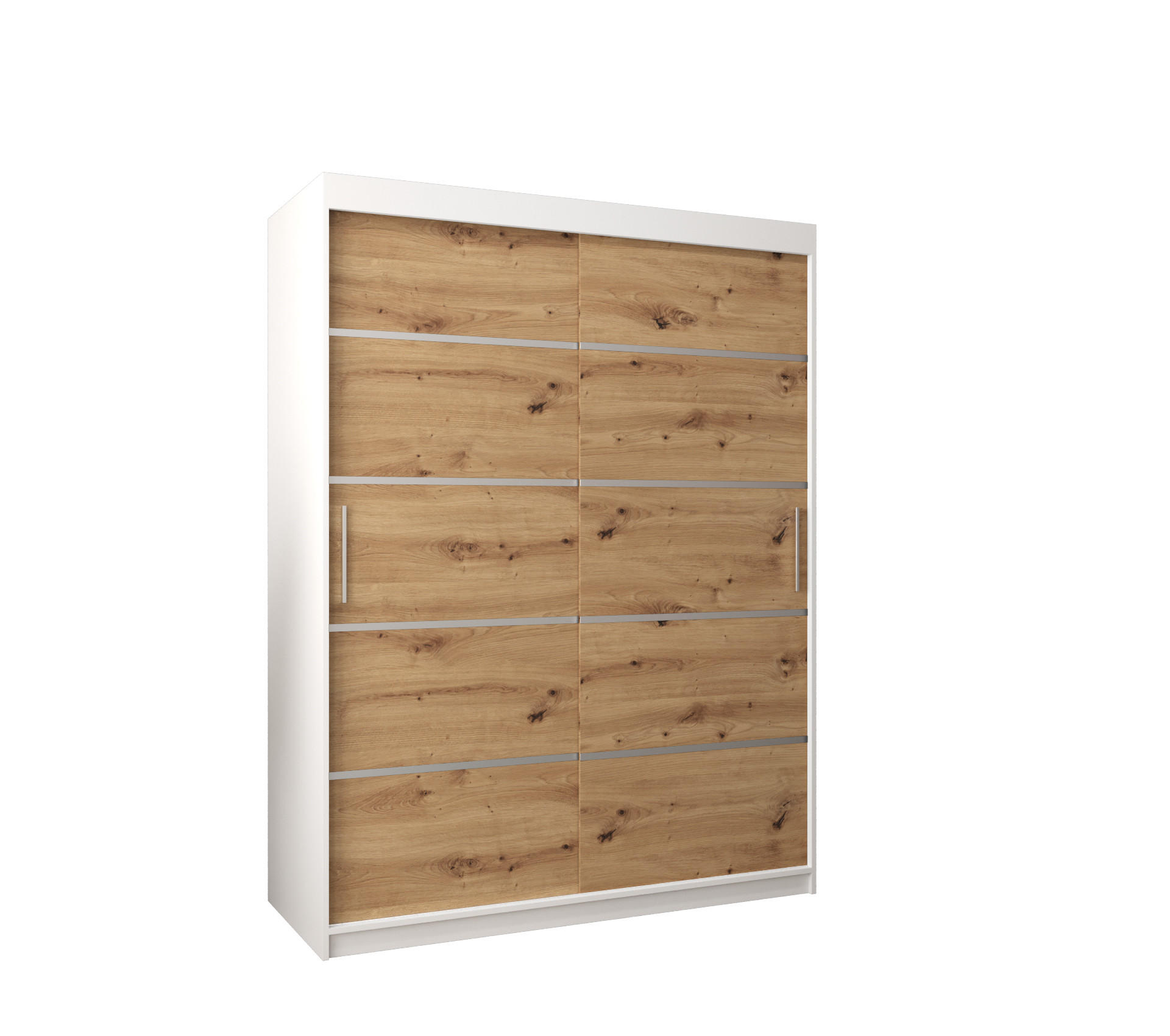 Möbel Kryspol Schwebetürenschrank Weiß, Eiche Artisan, Silber 150x200x62 cm