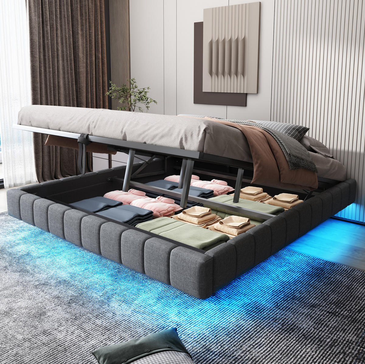 ČALÚNENÁ posteľ 180x200 cm sivá z ľanovej látky s LED osvetlením, úložným priestorom a bez čela - sivá, textil (180/200cm) - Modfu