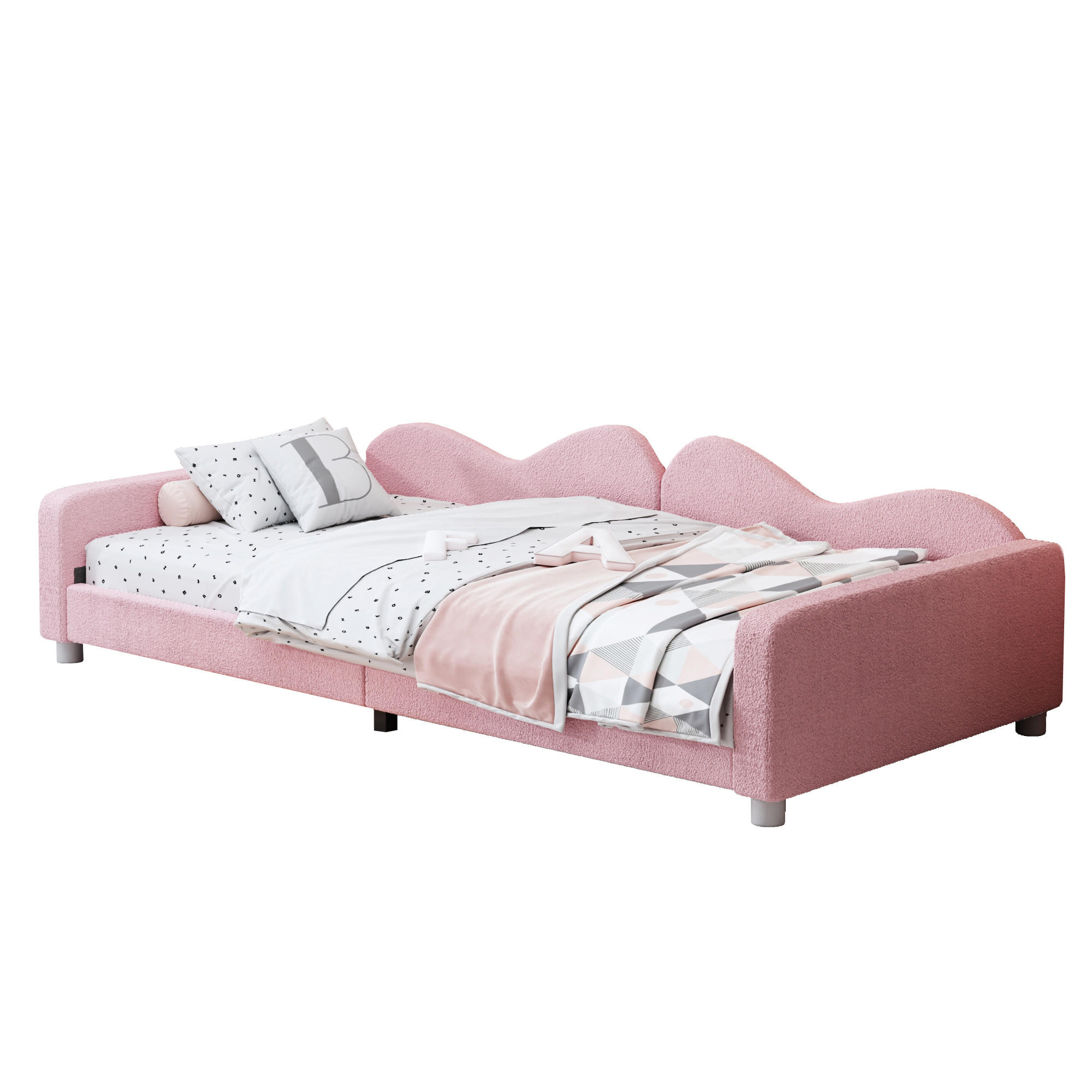 KINDERBETT 90/200 cm rosa aus Teddystoff mit Rückenlehne und Armlehnen - Rosa, Textil (90/200cm) - OKWISH