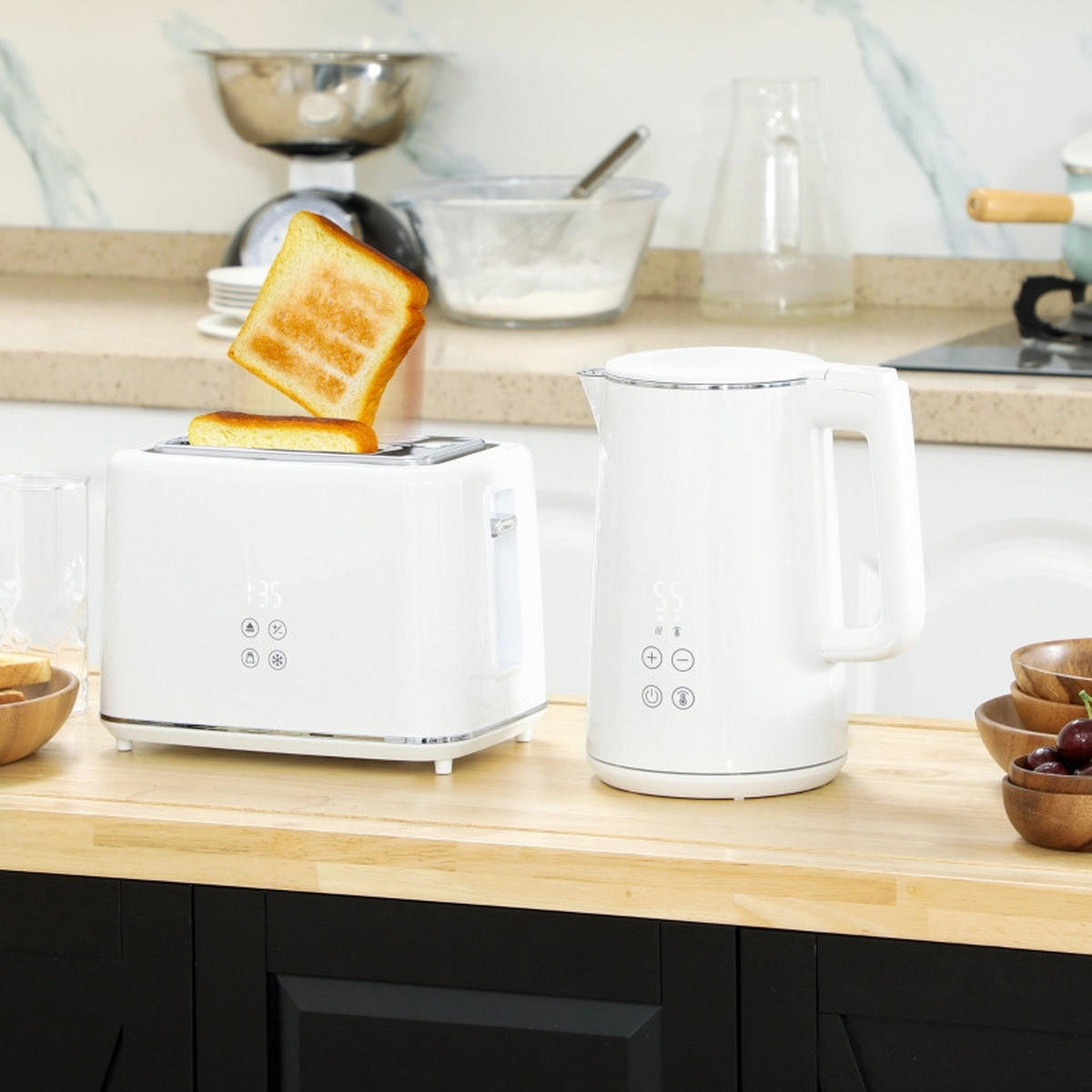 WASSERKOCHER 2-tlg Wasserkocher Toaster Set 1,5L-2200W Frühstücksset mit Auftaufunktion Weiß - Weiß, Kunststoff (15.5/25.1/21.5cm) - Raelunyi