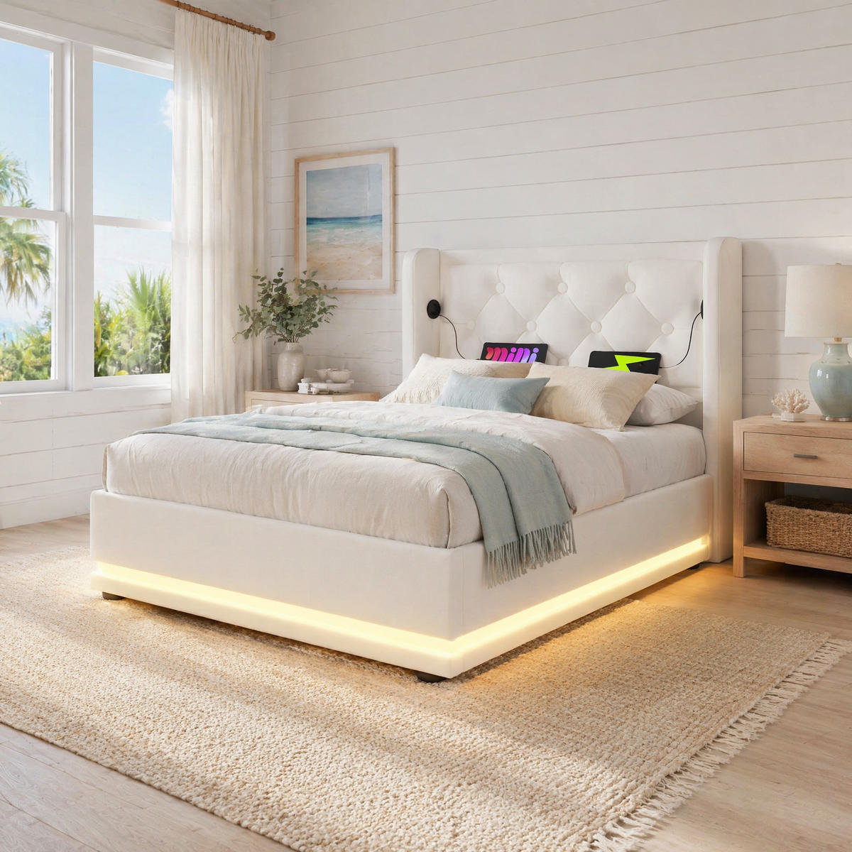 POLSTERBETT 90/200 mit Bettkasten, LED und USB in Weiß - Weiß, Holzwerkstoff/Textil (90/200cm) - EVRYAE