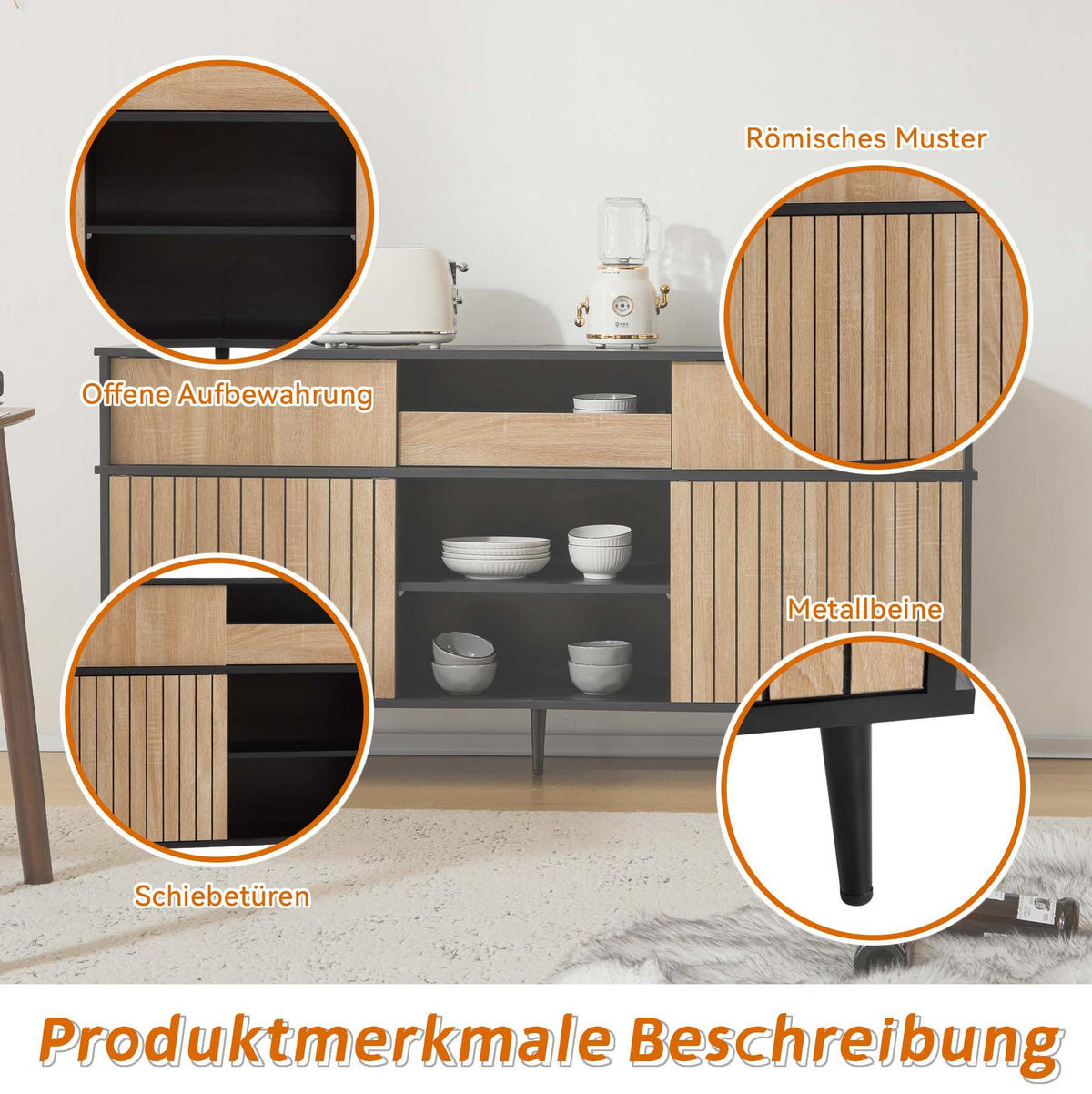 KOMMODE 160/40/80 cm in Eichefarben/Schwarz mit 4 Schiebetüren - Schwarz, Holzwerkstoff (160/80/40cm) - Flora Grace