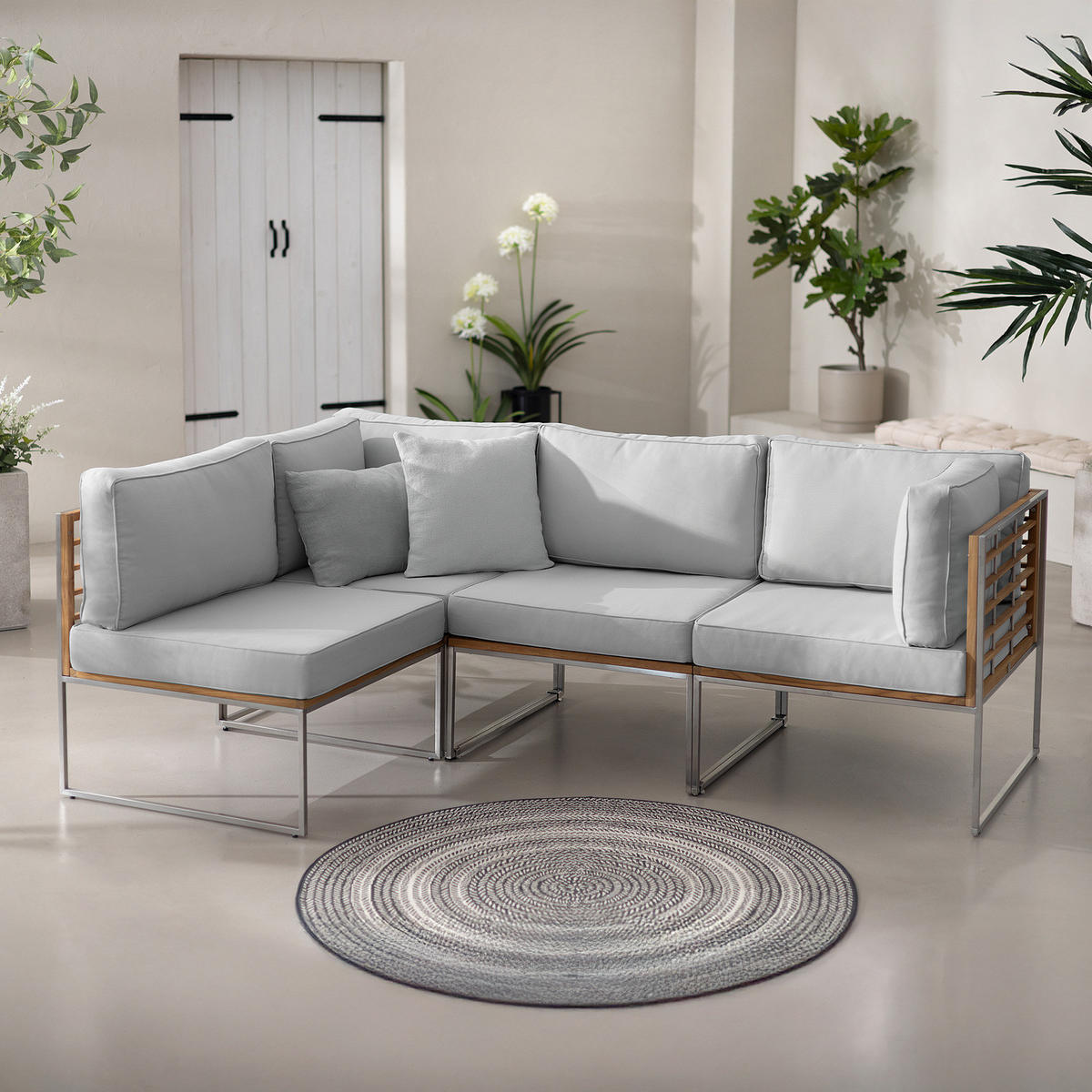 LOUNGESET - 4-teilig - Webstoff / Teak massiv - Hellgrau, Holz/Textil - home24