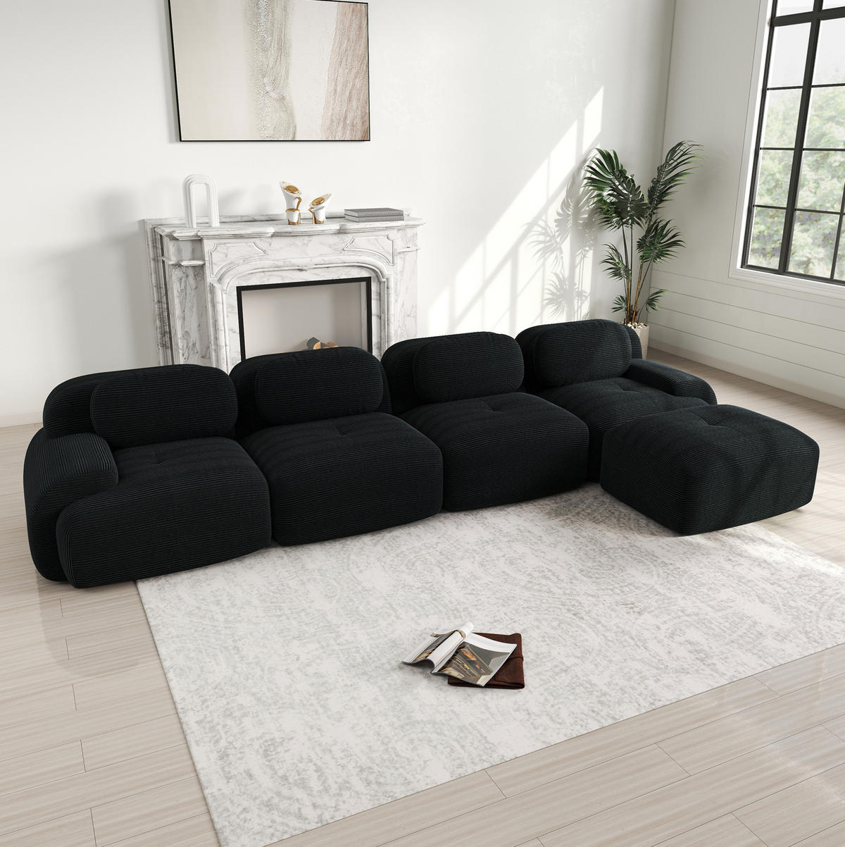 SOFA modular mit Chaiselongue Cord Black 4-Sitzer - Schwarz, Kunststoff (178/388cm) - Meubliv