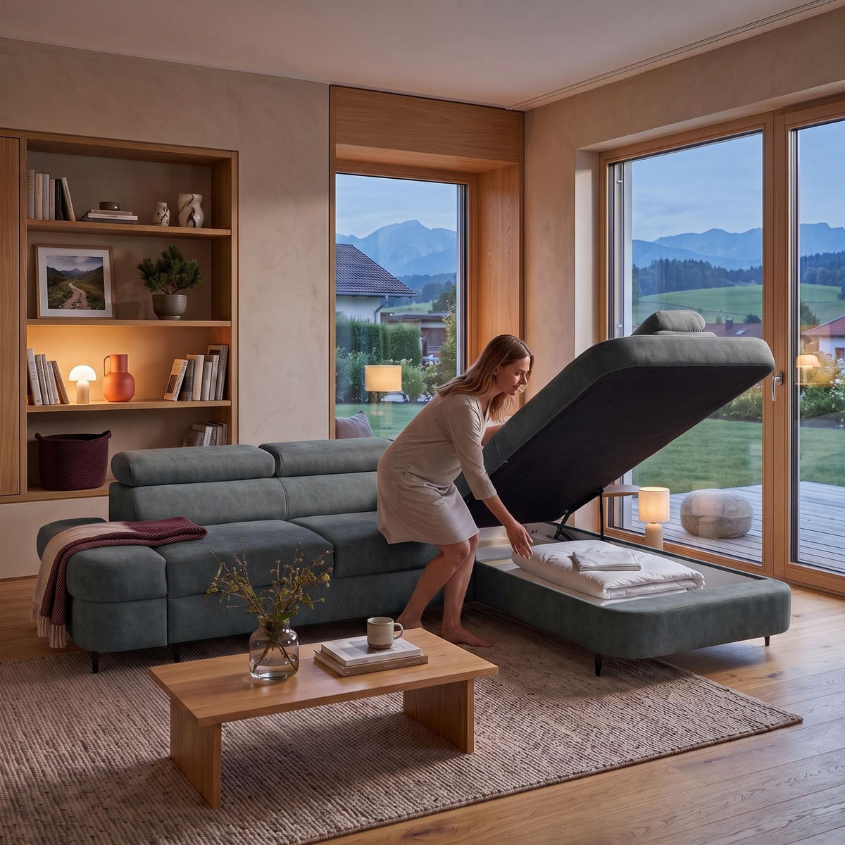ECKSOFA PRIAM L Rechts mit Schlaffunktion 125x195 Velours Dunkelgrau - Dunkelgrau/Schwarz, Holz/Textil (203/275cm) - Muffo