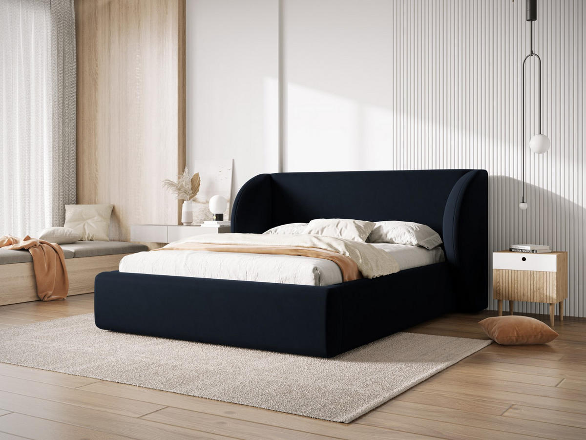 BETT mit Bettkasten und Kopfteil Miley aus Samt dunkelblau 200x200cm - Dunkelblau, Textil (200/200cm) - Micadoni
