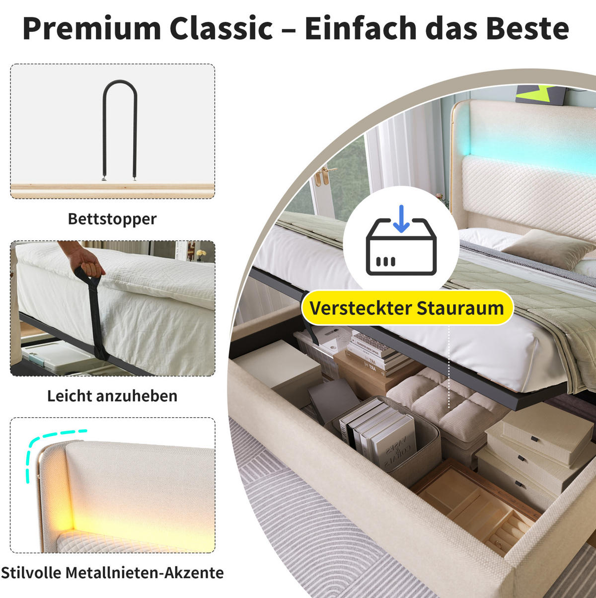 POLOHOVATEĽNÁ posteľ 160/200 cm béžová z ľanovej tkaniny s LED, úložným priestorom a USB/Type-C - béžová, textil (160/200cm) - OKWISH