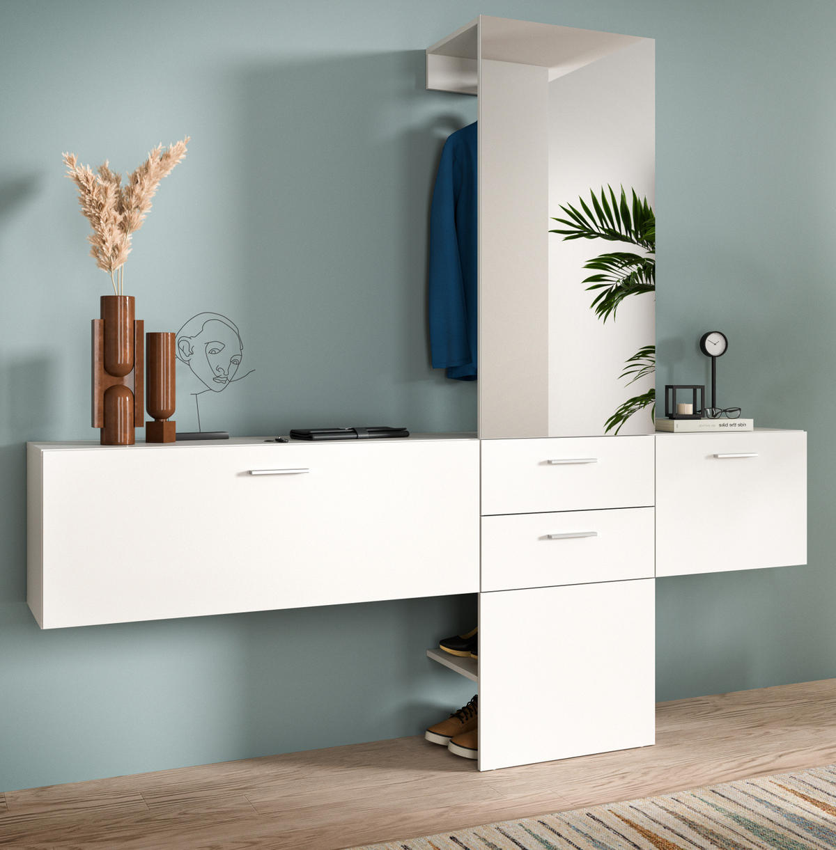 GARDEROBE Set 3-teilig weiß 208 cm, Komplettset mit Spiegel - Silberfarben/Weiß, Glas/Holzwerkstoff (208/190/36cm) - Inn.Furn