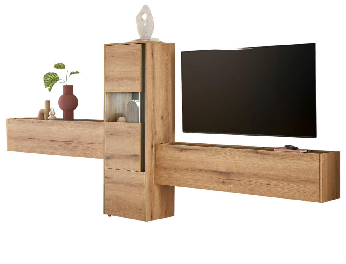 WOHNWAND Evoke Eiche, grau, Wohnkombination Set 3-teilig, 350 cm - Eichefarben/Schwarz, Glas/Holzwerkstoff (350/155/40cm) - Furn.Design