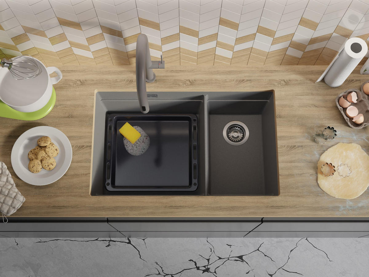 SPÜLBECKEN Praga Slim Duo, 2-er set Grau 76/47 cm 2 Becken + Ablauf-Set + Aufrollbare Abtropffläche ab 80er Unterschrank - Chromfarben/Grau, Kunststoff (76/20/47cm) - Primagran