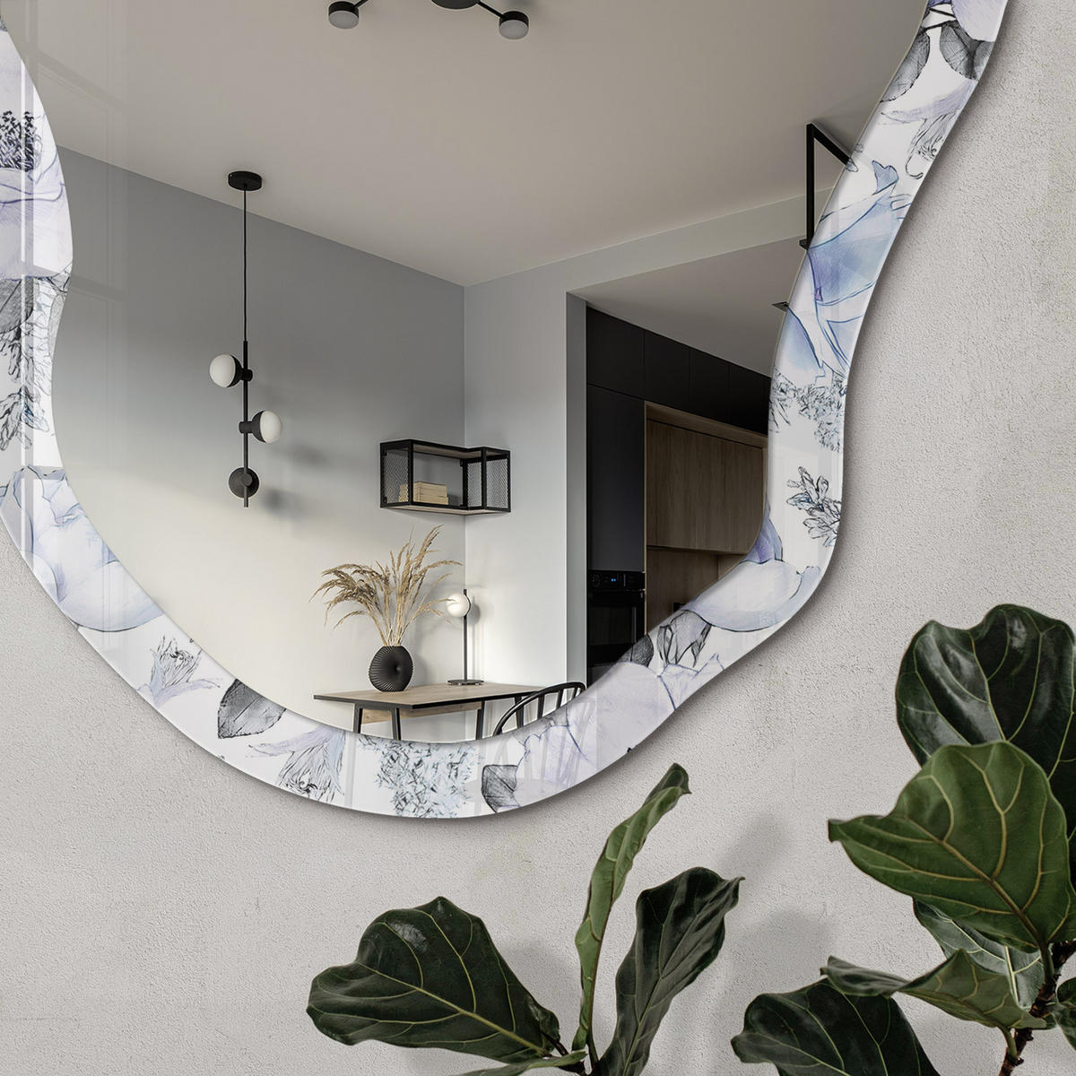 SPIEGEL 90x45 cm asymmetrisch mit Druck - Blumenmuster - Transparent, Glas (45/90/0.4cm) - TULUP