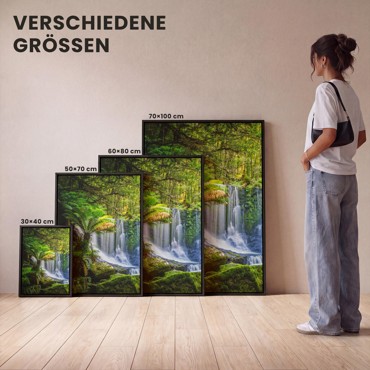 LEINWAND Bilder mit Rahmen - Dschungel - Wasserfall - Australien - Pflanzen - Natur - 60x80 - Dunkelgrün, Textil (60/80cm) - MuchoWow