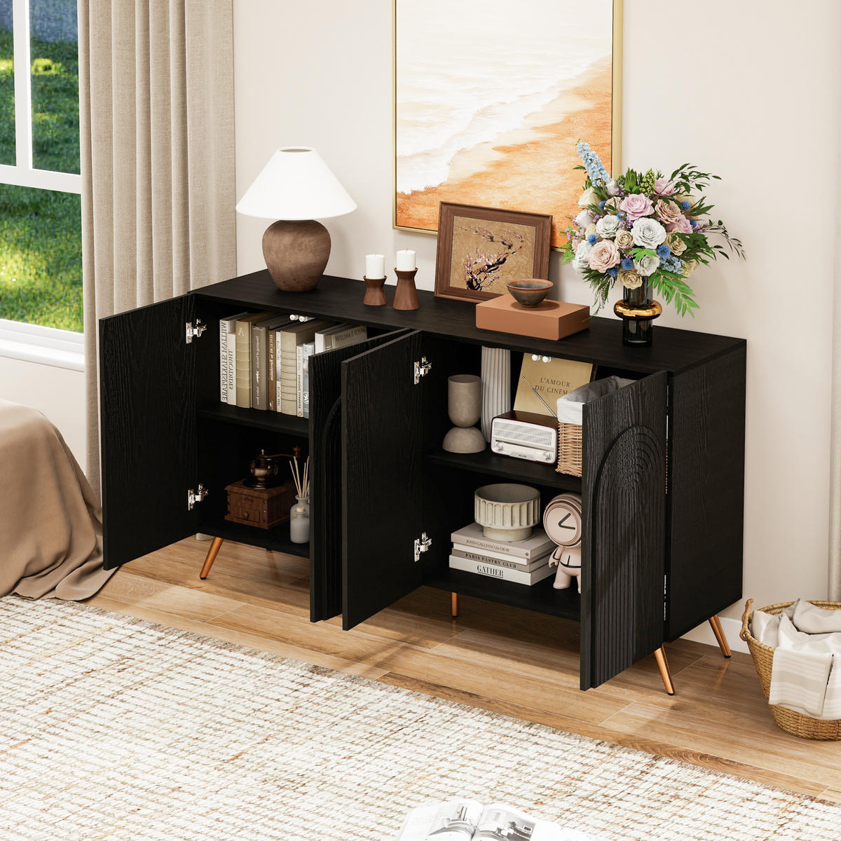 SIDEBOARD 150/38/83 cm schwarz aus Holzwerkstoff mit verstellbaren Einlegeböden - Schwarz, Holzwerkstoff (150/83/38cm) - OKWISH