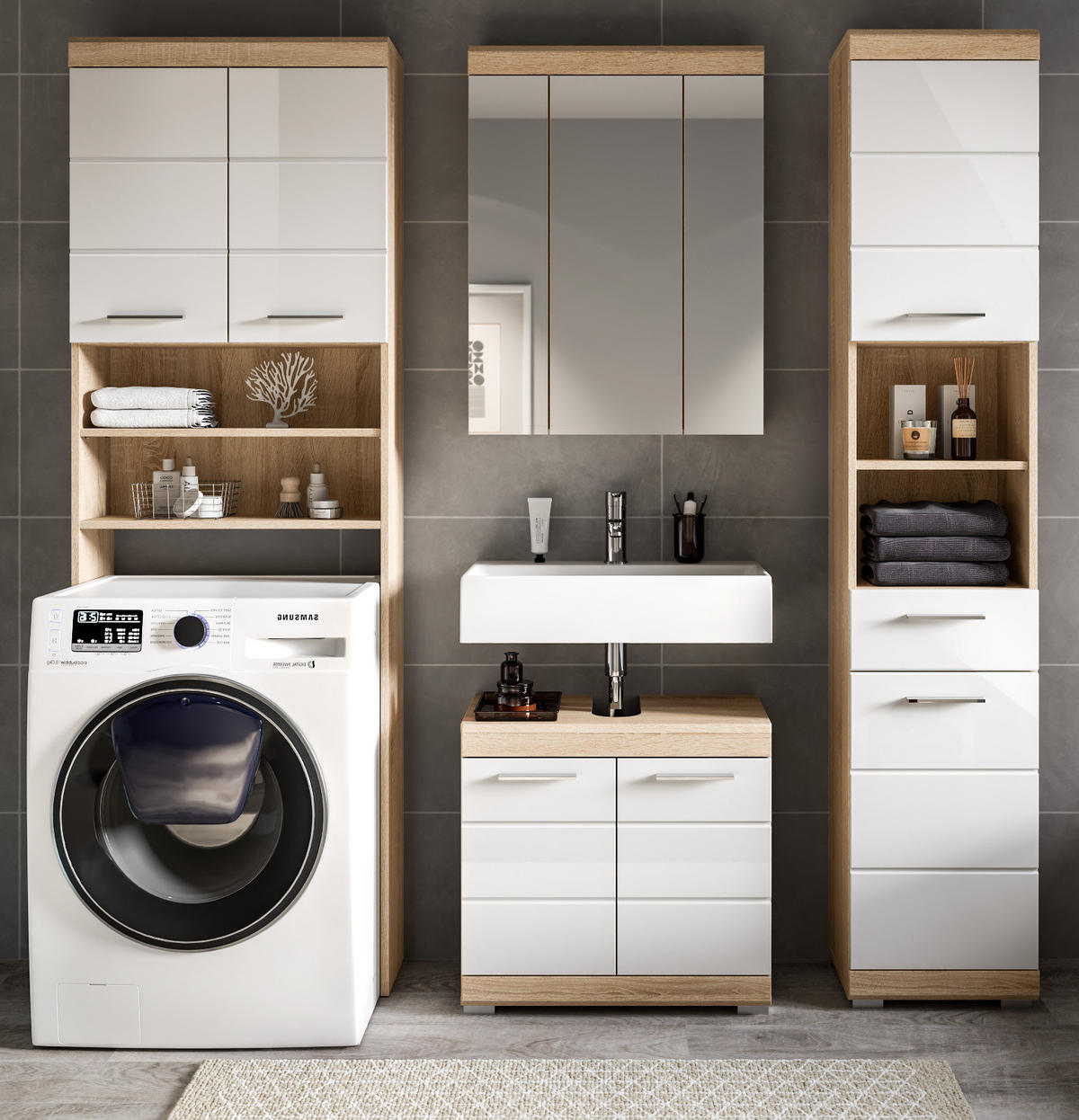 BADMÖBEL-SET weiß Hochglanz, Eiche 4-teilig 190 cm, viel Stauraum - Weiß Hochglanz/Eichefarben, Glas/Holzwerkstoff (190/191/34cm) - Inn.Furn