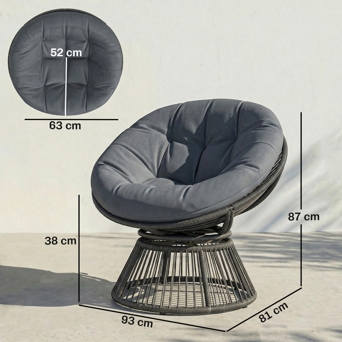 PAPASANSESSEL PE-Rattan Stahl Grau - Grau, Kunststoff/Textil (81/87/93cm) - Outsunny