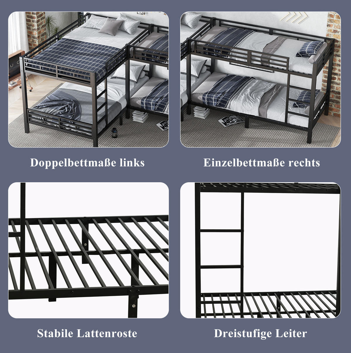 ETAGENBETT aus Eisen 90x200 cm und 140x200 cm Schwarz mit Leiter und Lattenrost - Schwarz, Metall (90/200cm) - IVMEU