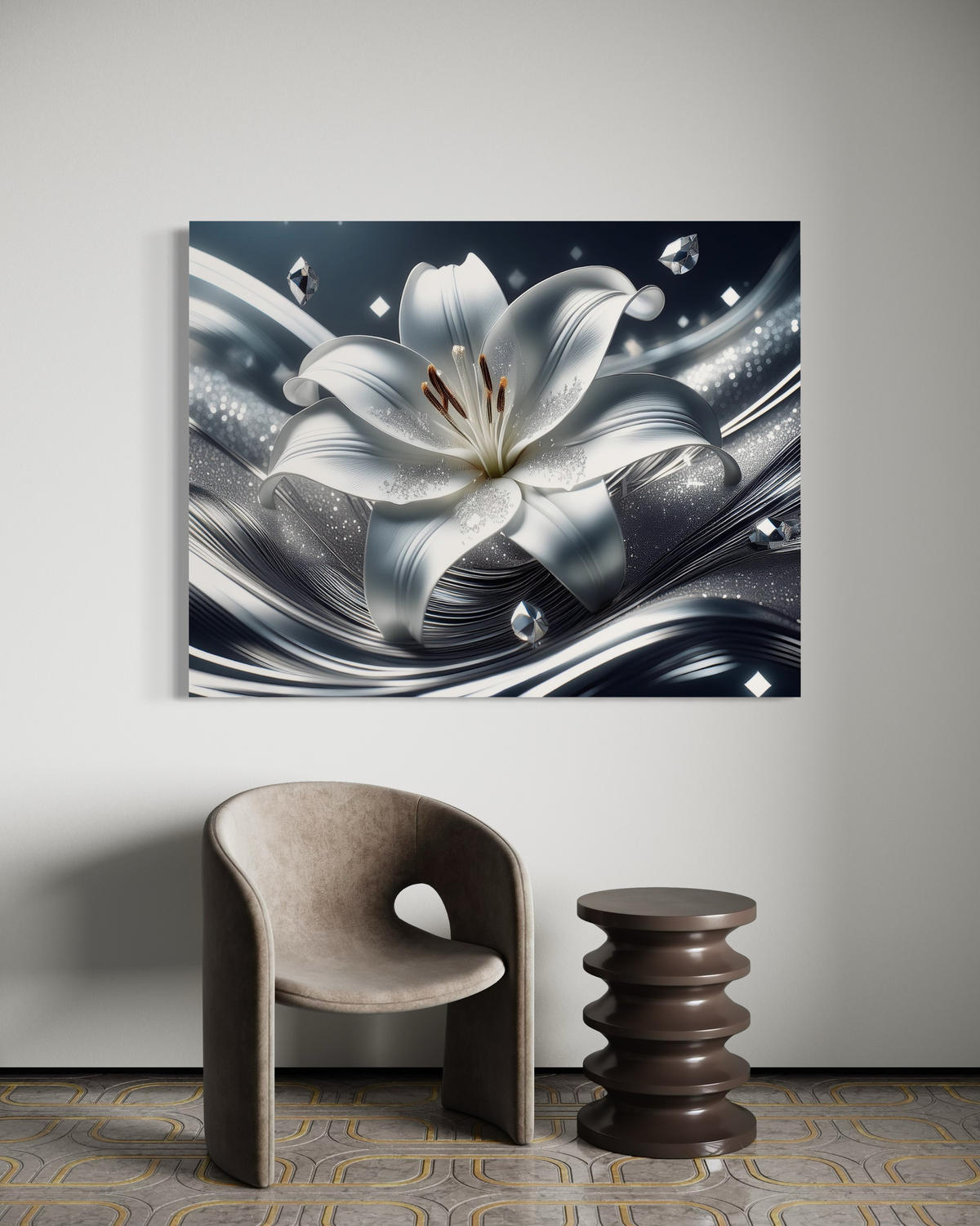 WANDBILD silberne lilie blume - Silberfarben, Textil (60/40cm) - Feeby