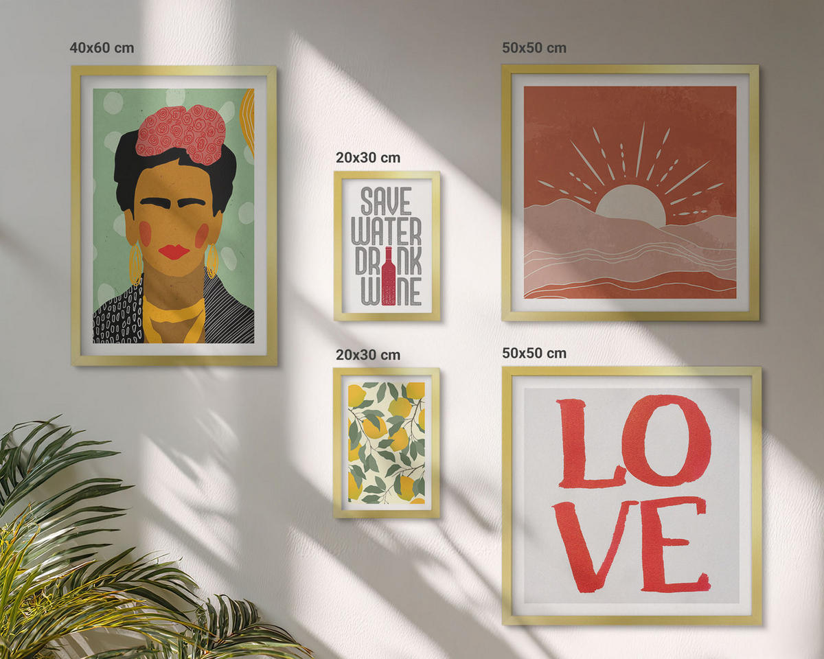 BILDER SET 5er Set - 50x50 cm & 20x30 cm & 40x60 cm Goldrahmen - Zitronen Inschrift Liebeslandschaft Frida - Goldfarben, Kunststoff (40/60cm) - TULUP