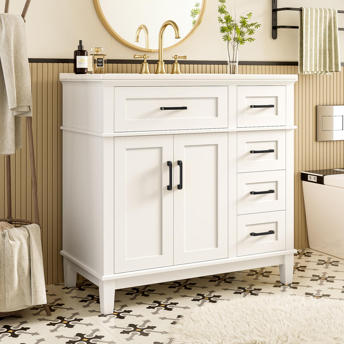 WASCHTISCHKOMBI 90x46x87 cm Weiß aus Keramik & Spanplatte mit geräuschlosen Schubladen - Weiß, Holzwerkstoff (90/87/46cm) - Modfu