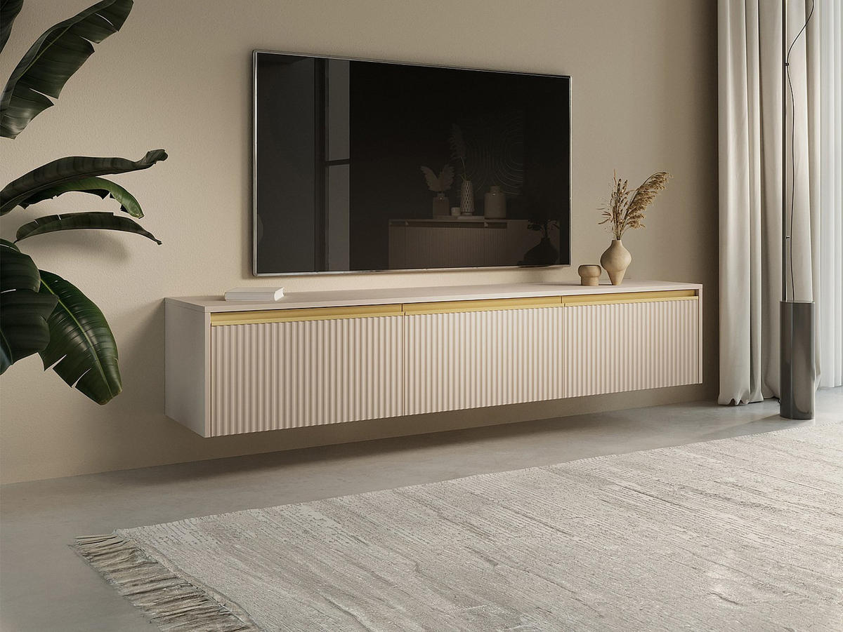 TV-MÖBEL zum Aufhängen oder Aufstellen mit 3 Türen - MDF - Beige & Goldfarben - POSINIA - Beige, Holz (181.5/42/39cm) - Vente-Unique