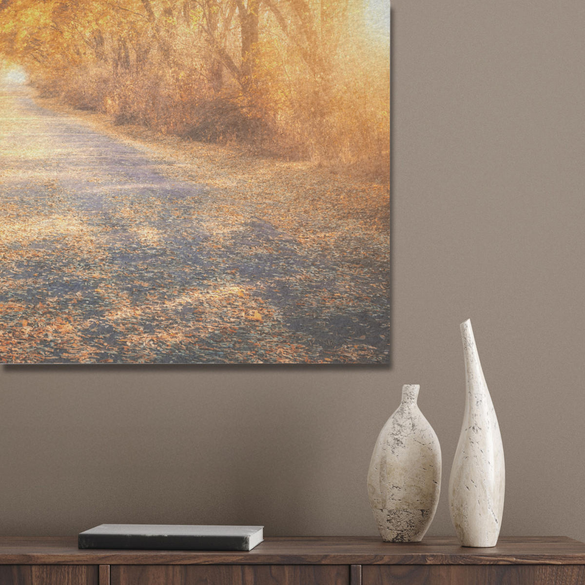 AKUSTIKBILD Wald - Herbst - Bäume - Waldweg - Natur Akustikpaneele 80x80 cm - Bernsteinfarben, Kunststoff (80/80/0.9cm) - MuchoWow