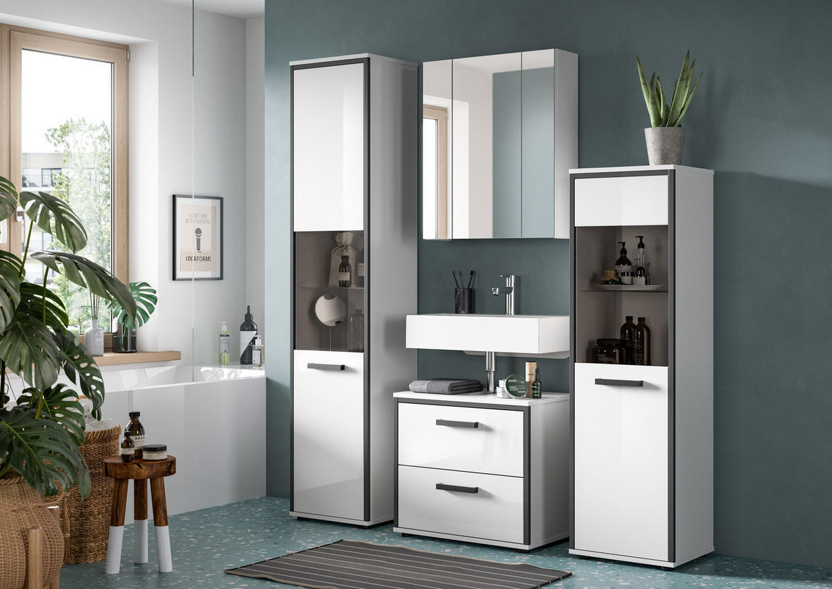 BADSCHRANK KOJAK (B/H/T: ca. 40/188/34 cm) in weiß/weiß hochglanz - Weiß, Holzwerkstoff (40/188/34cm)