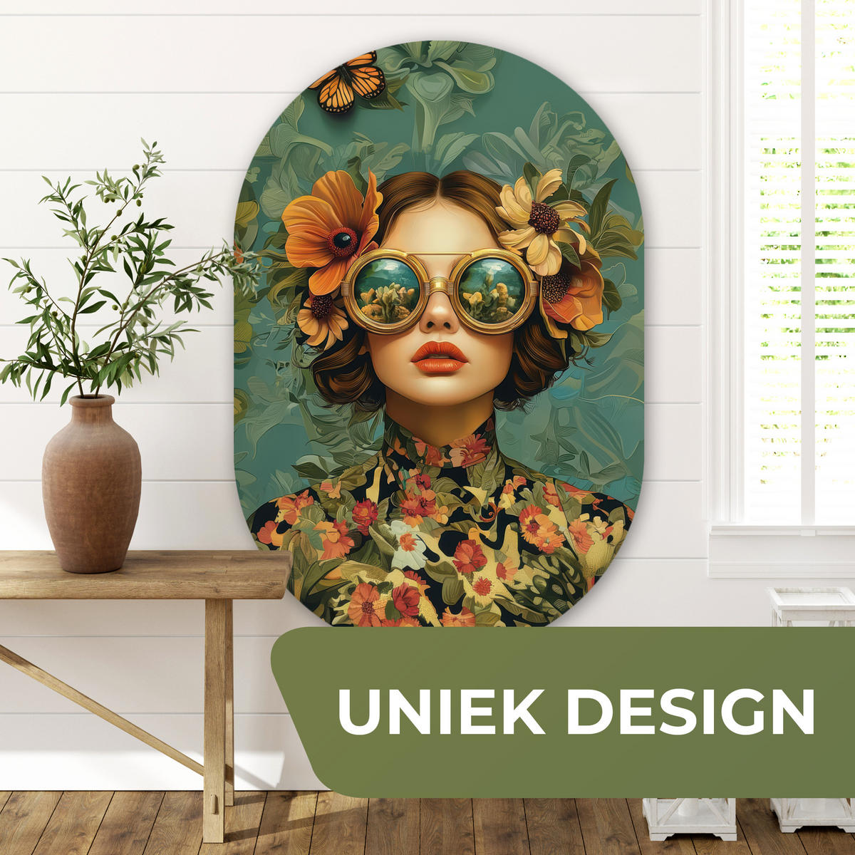 WANDBILD Frau - Blumen - Schmetterlinge - Natur - Vintage Deko Groß 80x120 cm - Petrol, Kunststoff (80/120cm) - MuchoWow