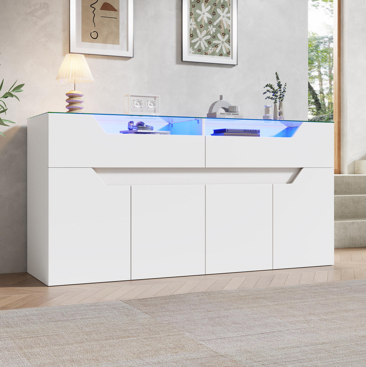 SIDEBOARD 140/40/70 cm weiß aus MDF mit Glasplatte und LED - Weiß, Holzwerkstoff (140/70/40cm) - OKWISH