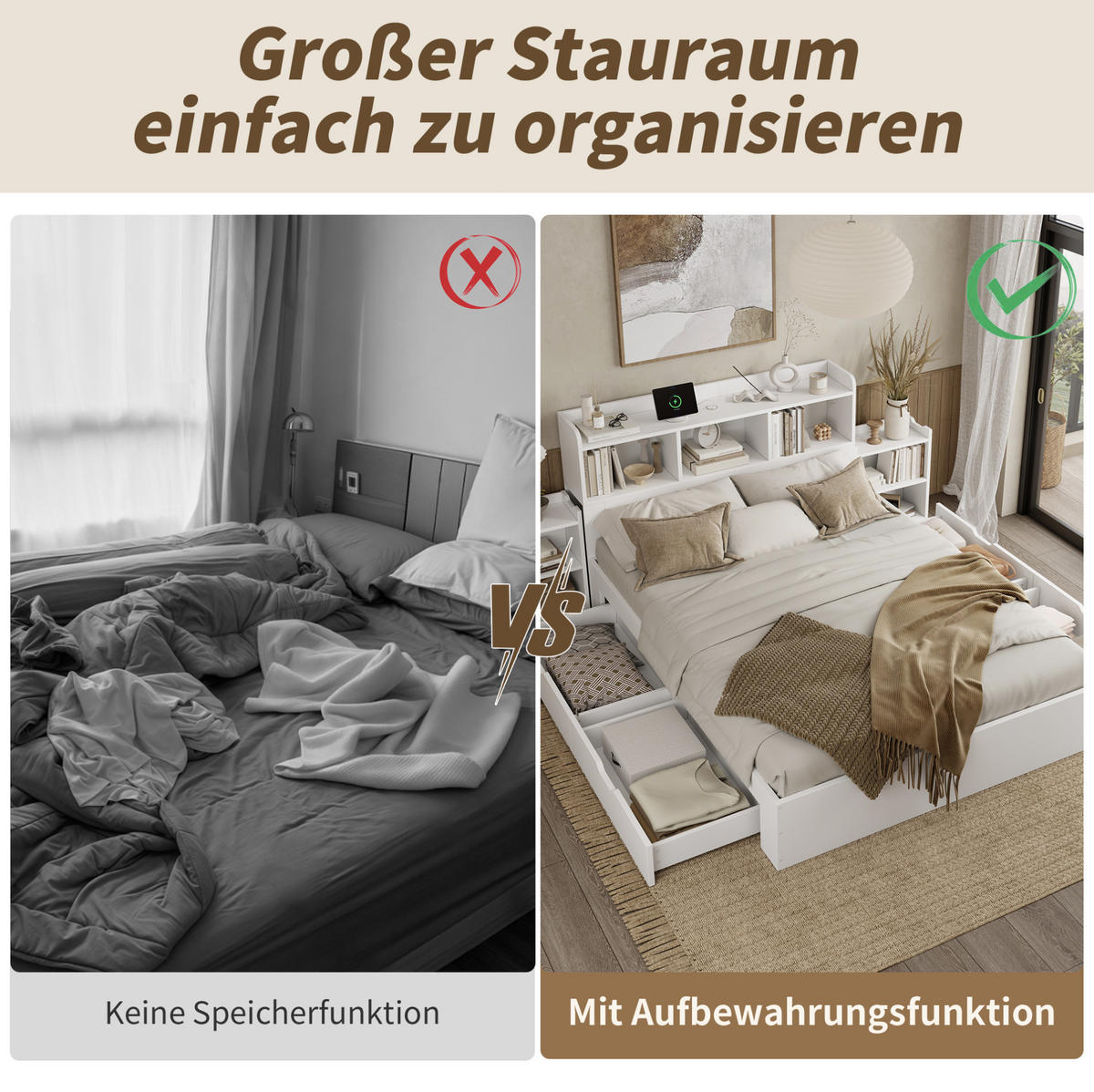 HOLZBETT 140/200 cm in Weiß – mit Stauraum, Schubladen und Ladefunktion - Weiß, Holzwerkstoff (140/200cm) - BEAOK