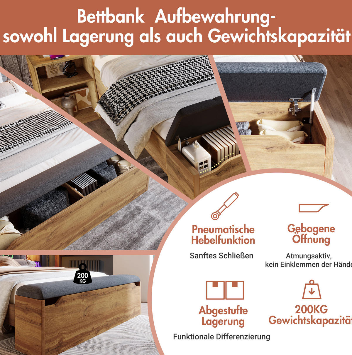 MANŽELSKÁ posteľ 180/200 cm dubová s nočnými stolíkmi, úložnou lavicou, USB lampami a sklopným čelom z dreva - farba duba, kompozitné drevo (180/200cm) - OKWISH