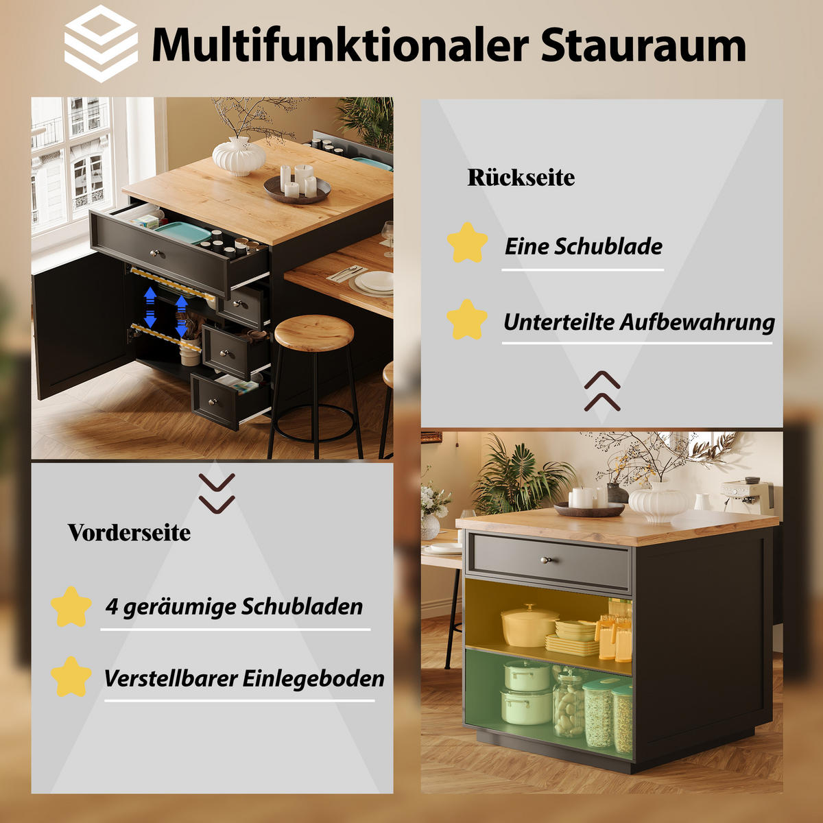 KÜCHENINSEL Ausziehbar Schubladen Rollen Holzoptik Schwarz - Schwarz, Holzwerkstoff (184/94/70cm) - FLIEKS