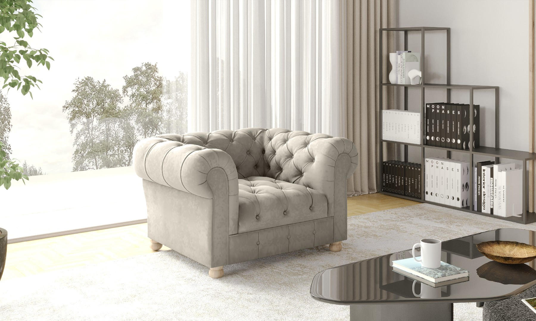 SESSEL CHESTERFIELD Elegant Klassisch Schick Stoff Whisper Velours Creme - Creme, Holz (112/77/90cm) - Kaiser Möbel