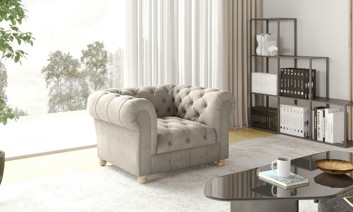 SESSEL CHESTERFIELD Elegant Klassisch Schick Stoff Whisper Velours Creme - Creme, Holz (112/77/90cm) - Kaiser Möbel