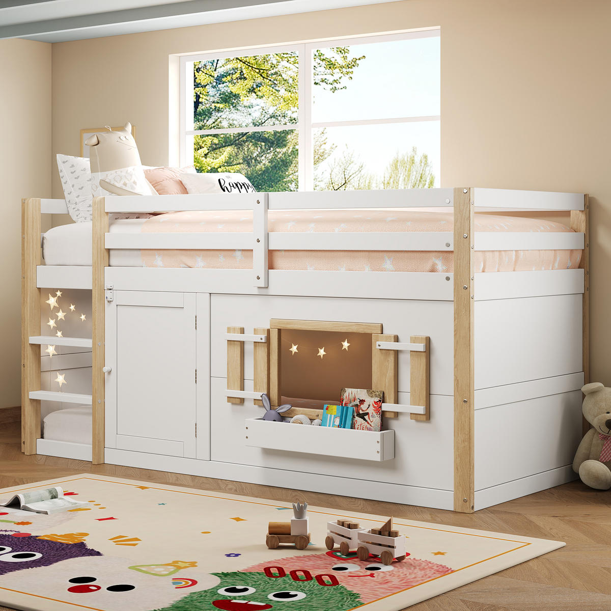 ETAGENBETT 90/200 cm in Weiss mit Leiter und Spielflaeche - Weiß, Holz/Holzwerkstoff (90/200cm) - WISHDOR