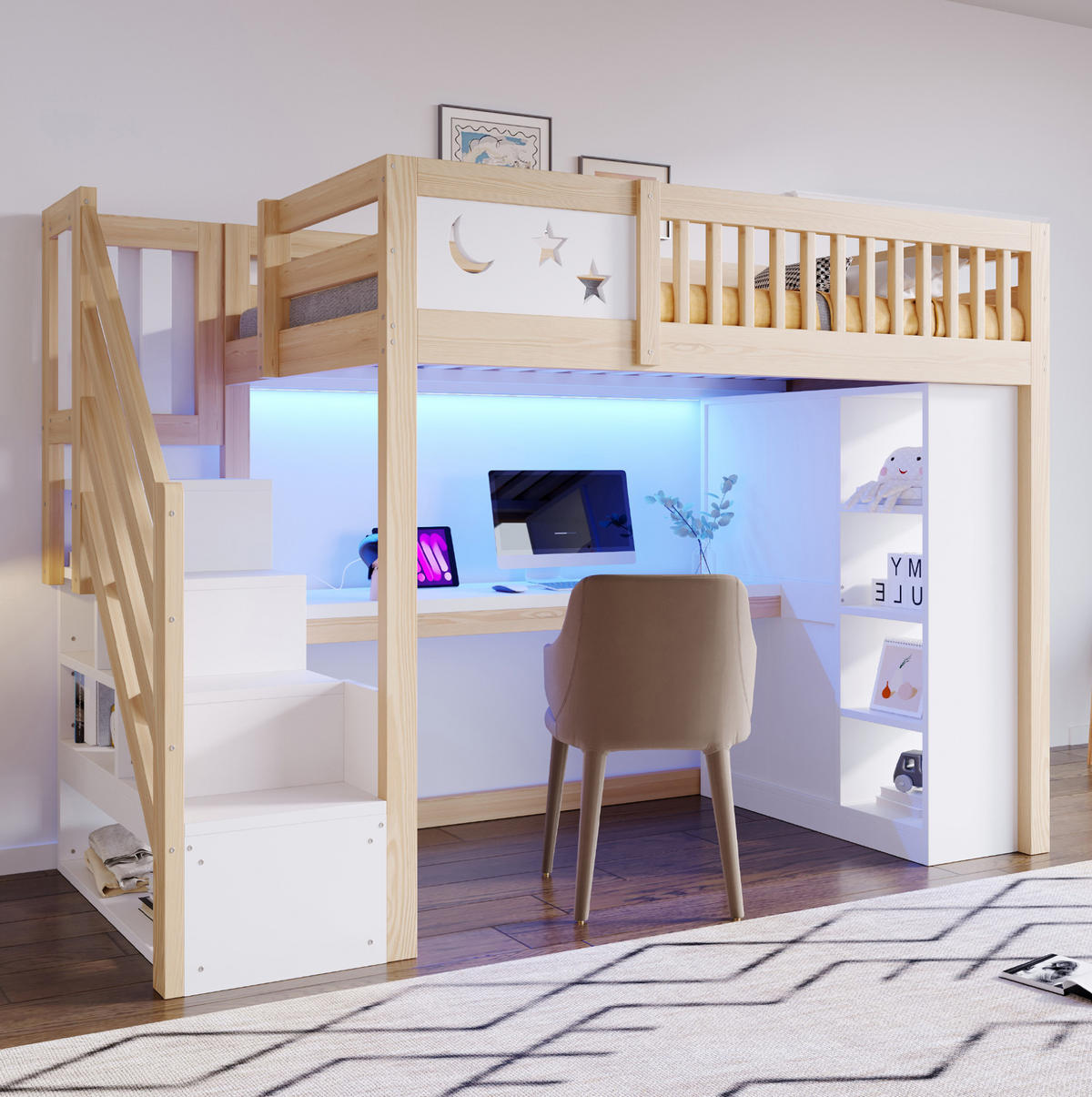 HOCHBETT aus Kiefernholz 90x200 cm Weiß/Holzfarbe mit Schreibtisch, LED-Beleuchtung, Steckdosen und Stauraum - Weiß, Holz (90/200cm) - Modfu