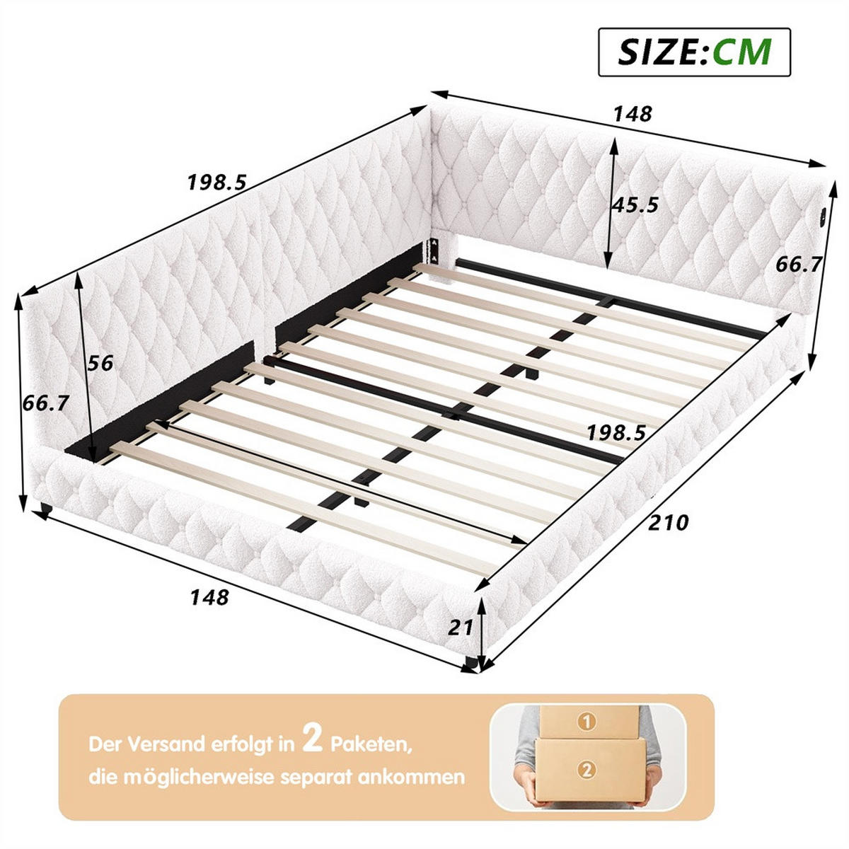 POLSTERBETT 140x200 cm - Doppelbett mit LED-Bettumrandung und USB-Ladefunktion - ohne Matratze - Beige - Beige, Textil (140/200cm) - DELFA