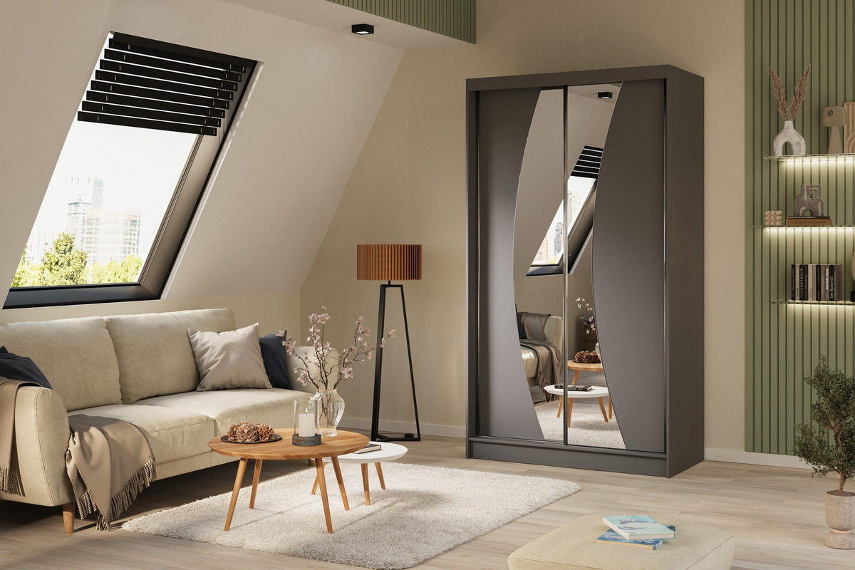 SCHWEBETÜRENSCHRANK Vox 120/216/61 graphit mit Spiegel und Schubladen - Graphitfarben, Holzwerkstoff (120/216/61cm) - Beautysofa