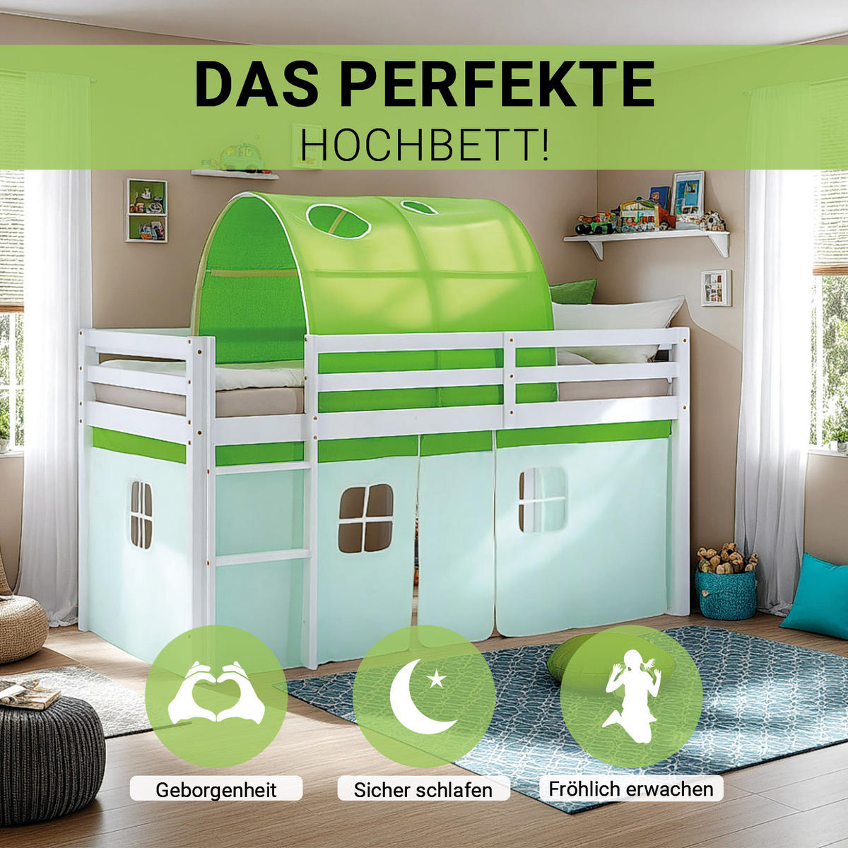HOCHBETT 90/200 cm in weiß mit Matratze + Lattenrost - Weiß/Grün, Holz/Textil (90/200cm) - Homestyle4u