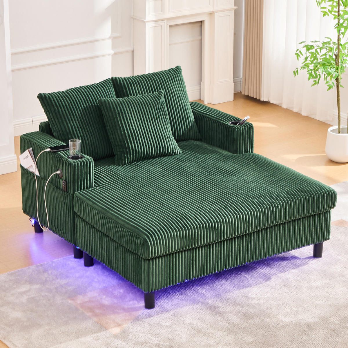 SCHLAFSOFA,SCHLAFSESSEL,SCHLAFCOUCH Grün, Cordbezug mit Beleuchtung&USB und Getränkehalter - Grün, Textil (142/85/128cm) - PARAFTA HOME
