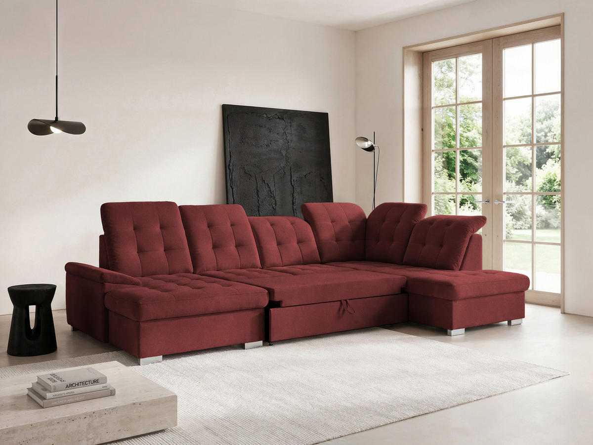 WOHNLANDSCHAFT ANON Ottomane Rechts, mit Schlaffunktion und Bettkasten, Bordeaux - Rot, Kunststoff/Textil (322/87/220cm) - Idohome