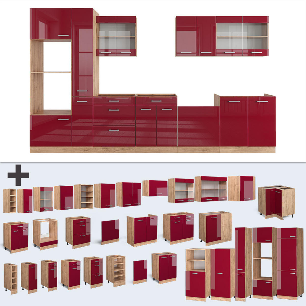 KÜCHENZEILE R-Line Rot Hochglanz/Goldkraft Eiche 350 cm mit Hochschrank, ohne Arbeitsplatte - Rot/Eiche Wotan, Holzwerkstoff (350/81.6/46cm) - Vicco