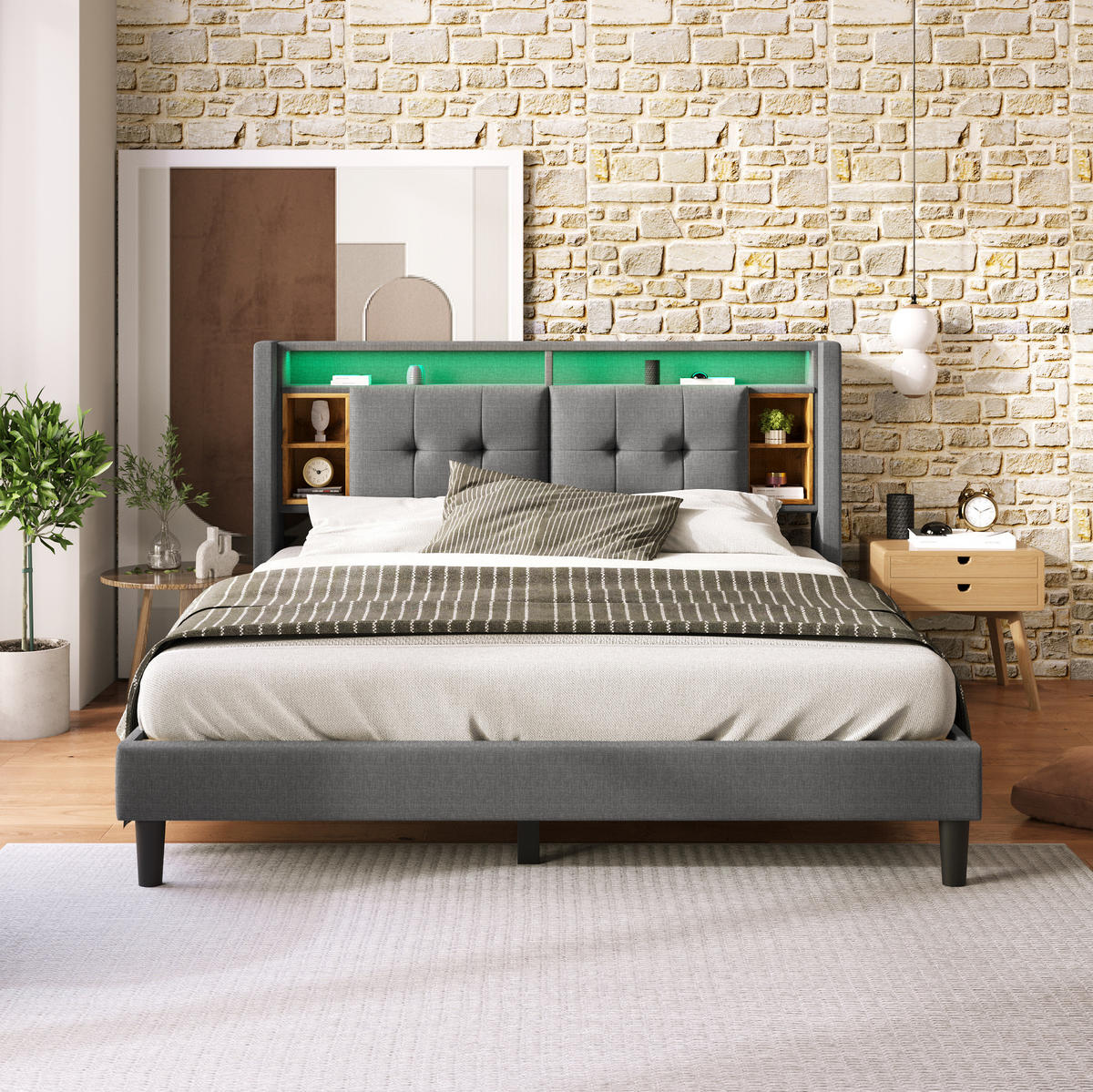 POLSTERBETT 160/200 cm mit Stauraum-Kopfteil, LED-Beleuchtung, USB und Steckdosen, Grau - Grau, Holzwerkstoff (160/200cm) - Redom
