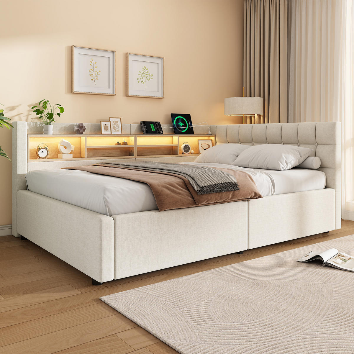 TAGESBETT 140x200cm Schlafsofa Hydraulik LED USB Beige - Beige, Naturmaterialien (140/200cm) - FLIEKS