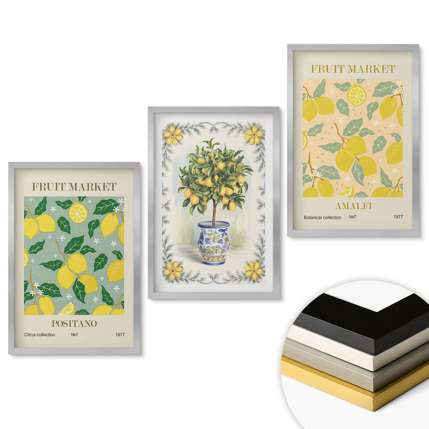 WANDBILDER 3er Set - 40x60 cm Silberner Rahmen - Zitrusfrüchte aus Italien - Silberfarben, Kunststoff (40/60cm) - ArtPrintCave