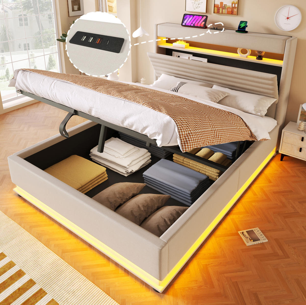 POLSTERBETT 140/200 cm mit LED-Beleuchtung, USB- und Typ-C-Anschluss, hydraulischem Stauraum und Leinenbezug, Beige - Beige, Textil (140/200cm) - Redom