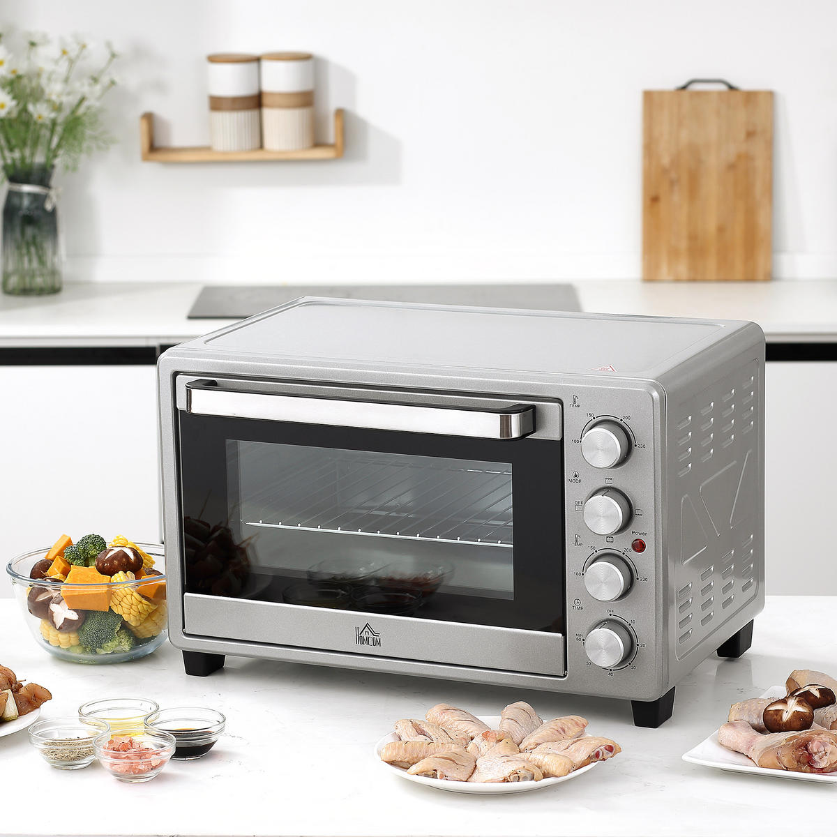 MINIBACKOFEN 32L 1600W Elektrischer Ofen mit Umluft, Backblech, Grillrost & Krümelblech, Edelstahl Glas, Silber - Silberfarben, Metall (52.2/33.5/38.1cm) - Beaface